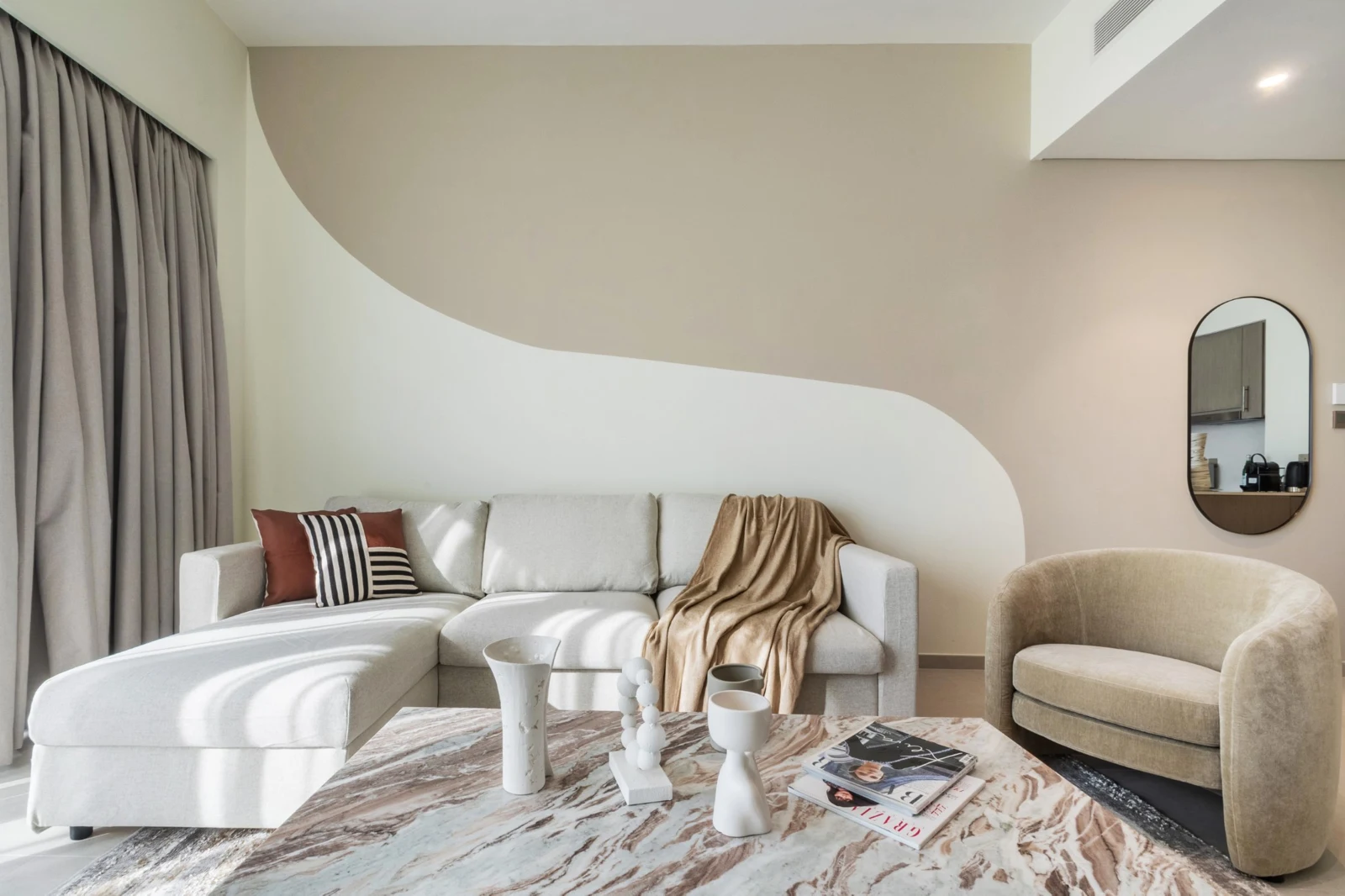 Warm neutral designer living room at Grande Signature 4101 — The Smart Concierge