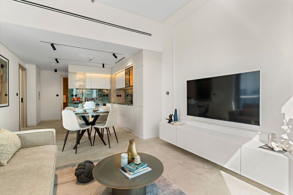 Bay Central renovated living room — The Smart Concierge Dubai holiday home