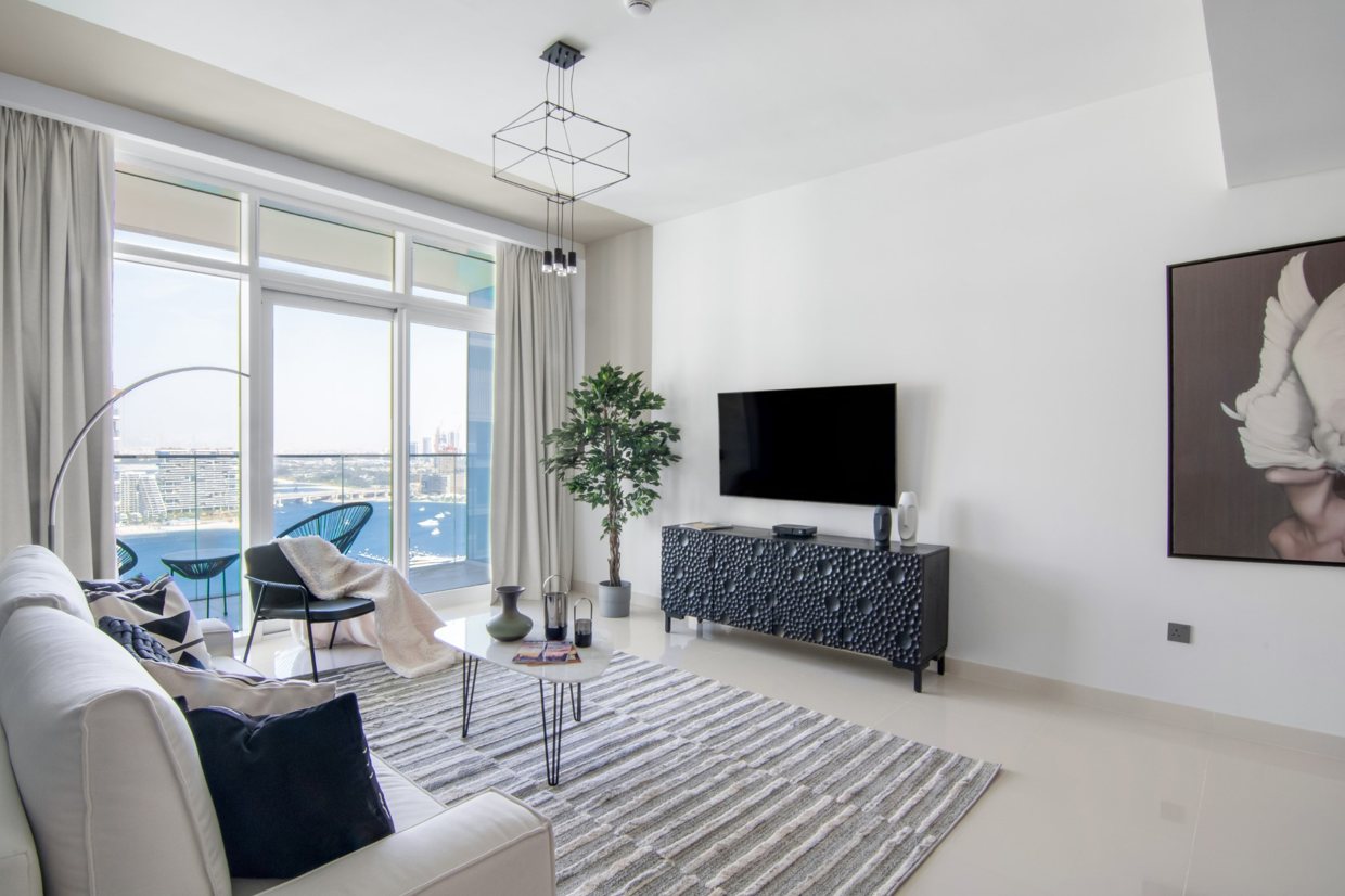 Sunrise Bay living room — The Smart Concierge Dubai holiday home